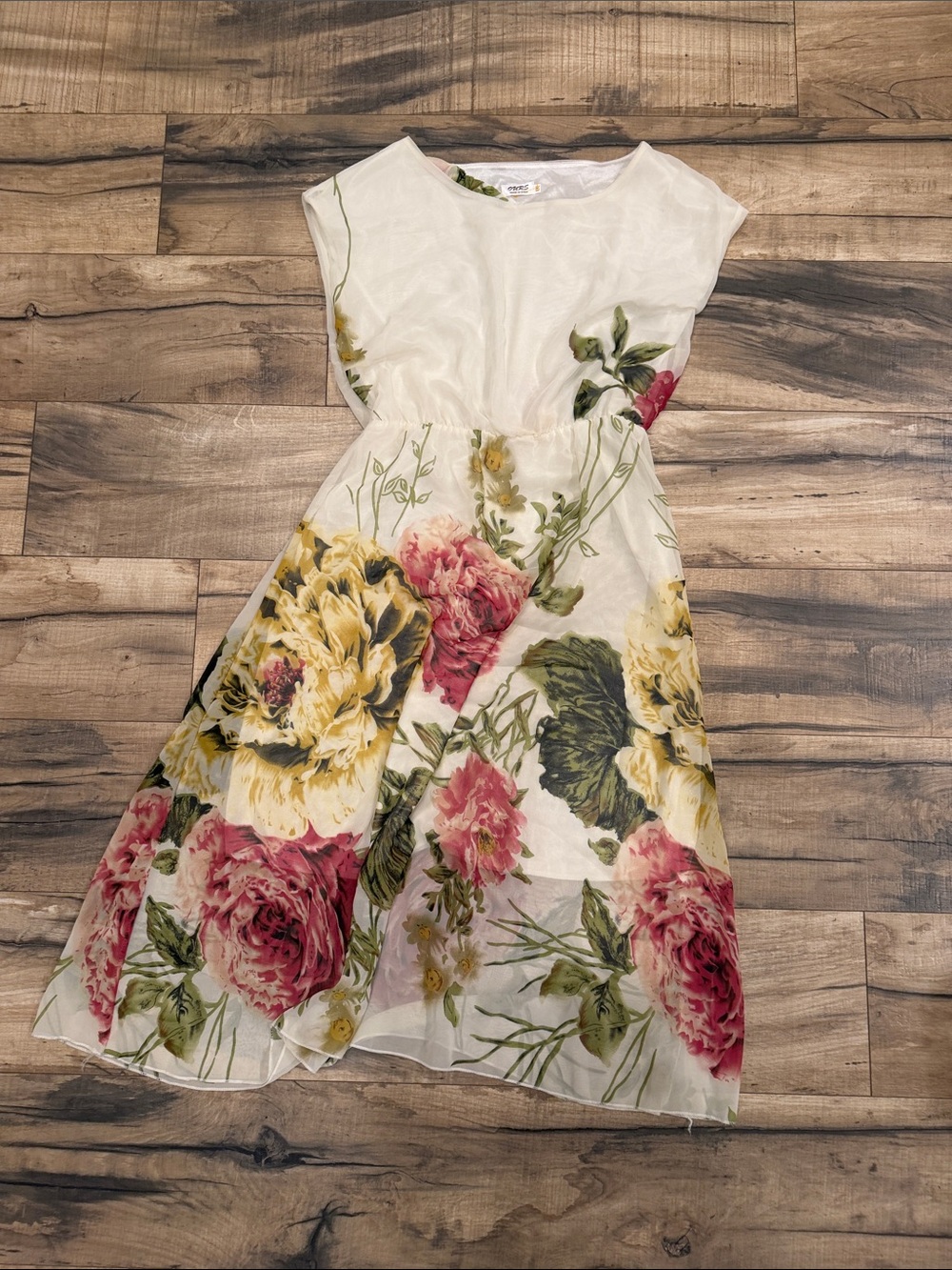 Girls White Floral Tea Dress with Pink & Yellow Blooms